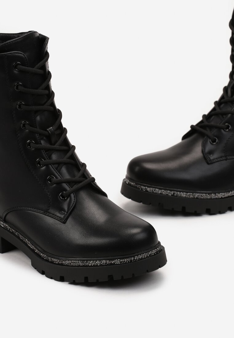 Botine negre workeri cu șireturi și curea decorativă cu zirconii pe talpă plată Mikiea