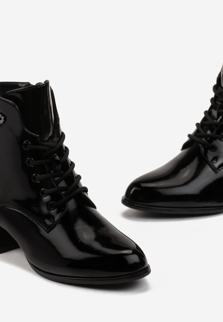 Botine Negre cu Toc Mic din Piele Eco Lacuită cu Decorațiune cu Zirconiu și Închidere cu Șiret Numisa