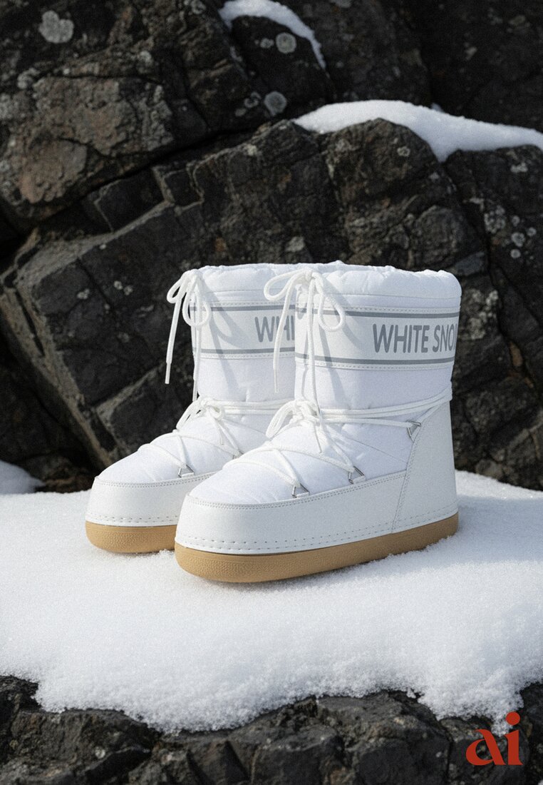 Białe Ocieplone Śniegowce Wsuwane z Ozdobnym Napisem i Sznurowaniem Nalissa