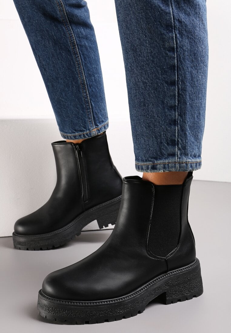 Botine Chelsea Negre cu Talpă Groasă cu Profil și Inserție Textilă Hinnu