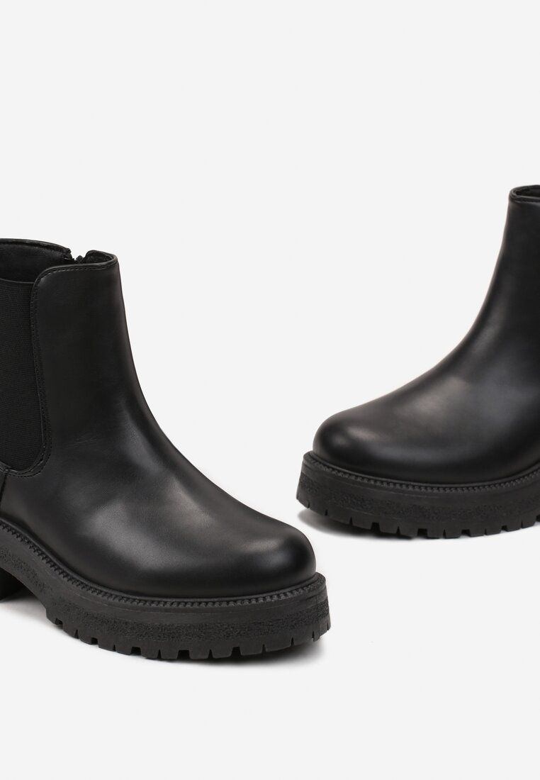 Botine Chelsea Negre cu Talpă Groasă cu Profil și Inserție Textilă Hinnu