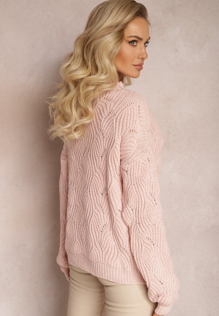 Pulover Roz Oversize cu Împletitură Ornamentală Boeda