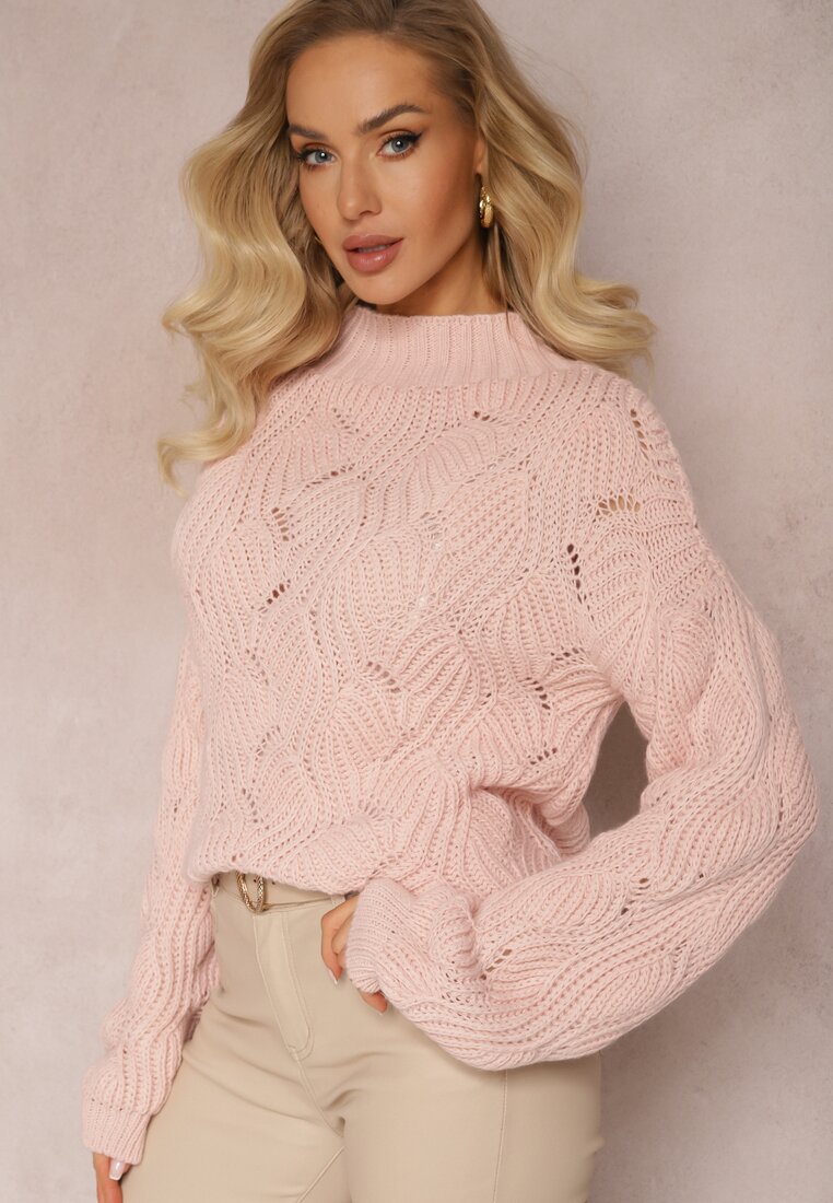 Pulover Roz Oversize cu Împletitură Ornamentală Boeda