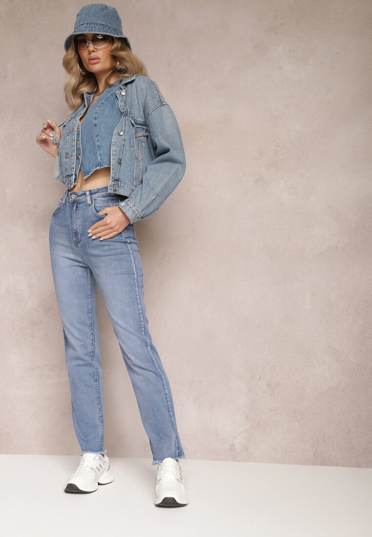 Jasnoniebieskie Jeansy High Waist ze Strzępionymi Nogawkami Thaliinoriel