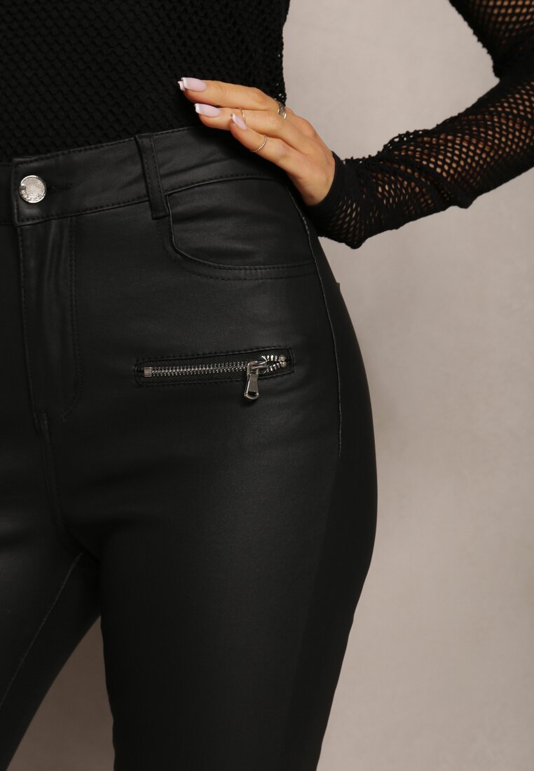 Czarne Spodnie Skinny z Imitacji Skóry Ozdobione Suwakami Finarindra