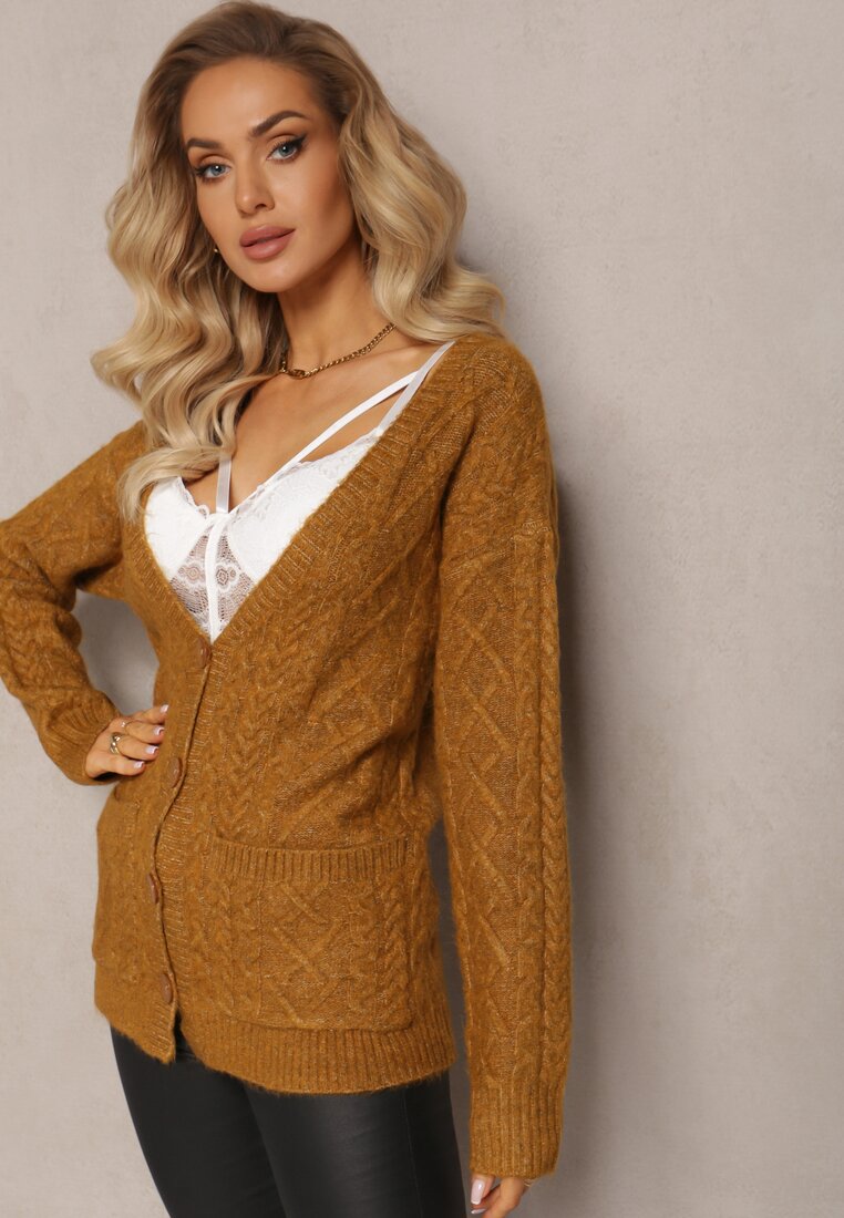 Cardigan Maro Închis cu Nasturi Decolteu Triunghiular și Model Împletit Juessa