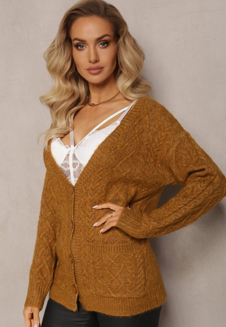 Cardigan Maro Închis cu Nasturi Decolteu Triunghiular și Model Împletit Juessa