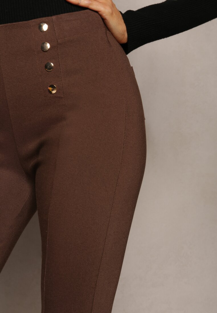 Brązowe Spodnie Skinny z Ozdobnymi Napami Eclaria