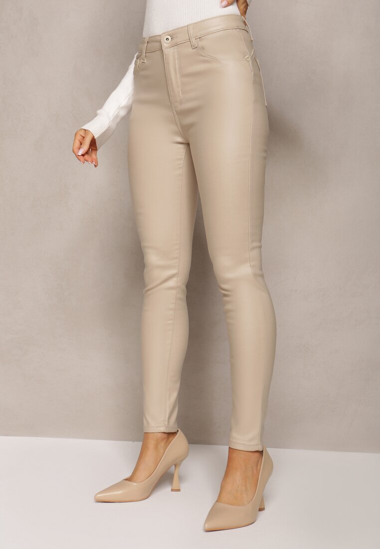 Bej Pantaloni Conici Push Up Imitatie Piele Lindrela
