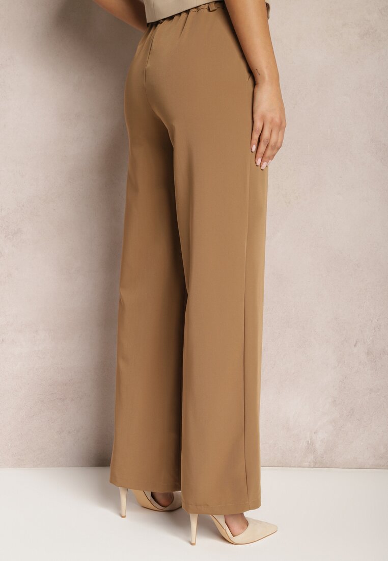 Jasnobrązowe Szerokie Spodnie High Waist z Gumką w Pasie Eternel