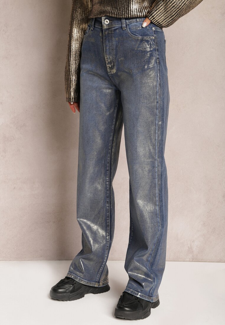 Niebieskie Metaliczne Jeansy Straight z Gumką w Pasie Adinda