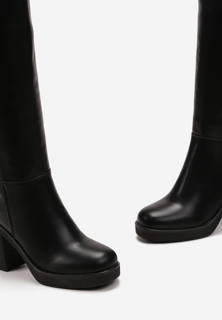 Cizme Negre cu Toc Pătrat din Imitatie de Piele cu Matlasări Subtile Olinaf