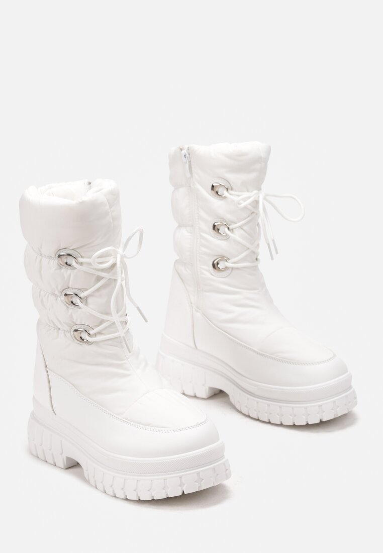 Białe Sznurowane Śniegowce z Ozdobnym Pikowaniem i Połyskiem Birala