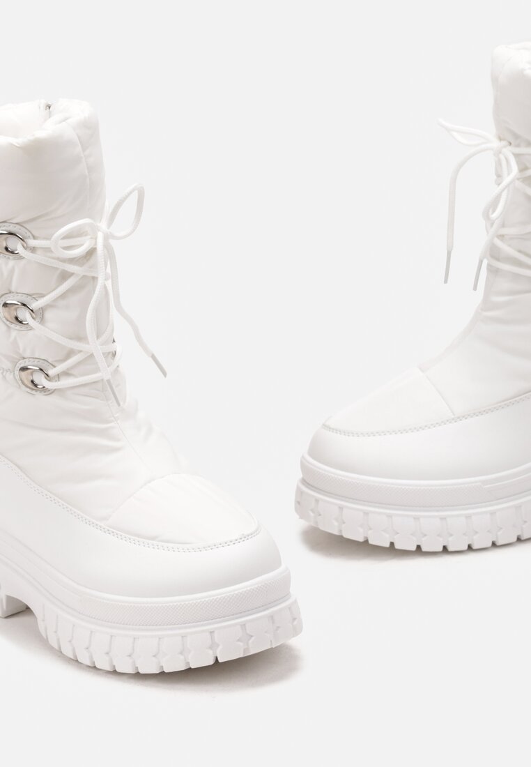 Białe Sznurowane Śniegowce z Ozdobnym Pikowaniem i Połyskiem Birala