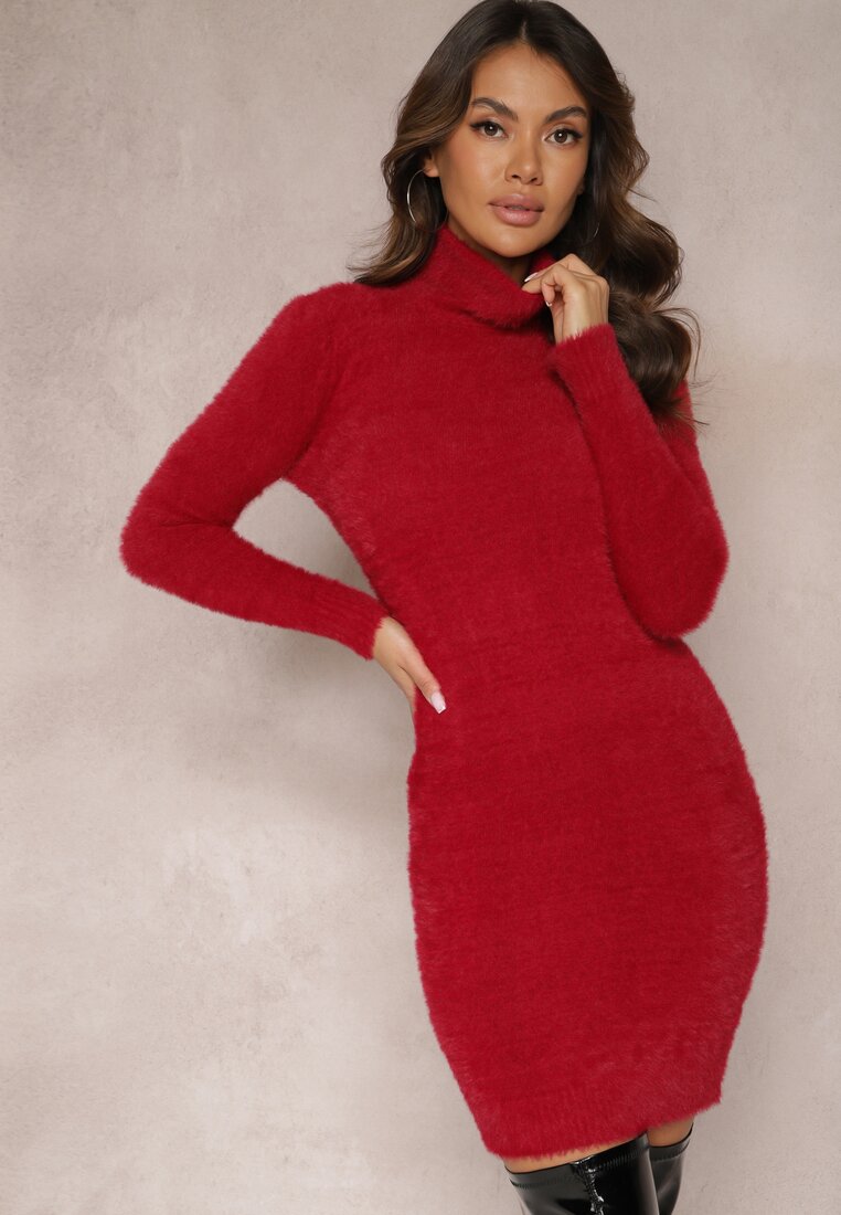 Rochie tip Pulover Vivalis Mini Culoare Visiniu Cu Guler Înalt Din Tricot Elastic Cu Lână
