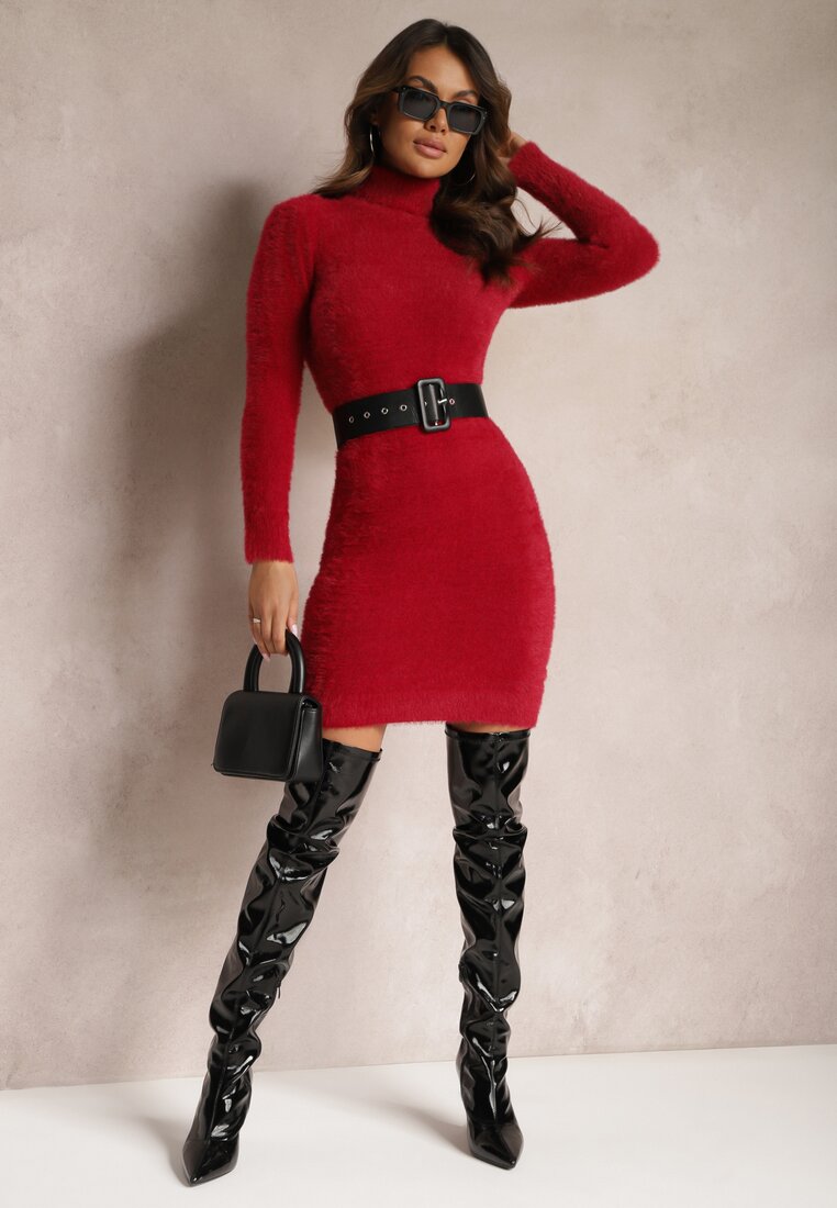 Rochie tip Pulover Vivalis Mini Culoare Visiniu Cu Guler Înalt Din Tricot Elastic Cu Lână