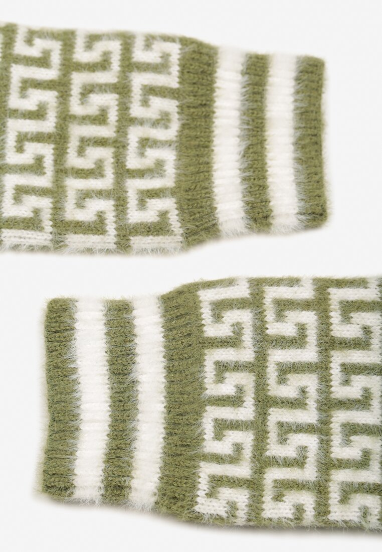 Zielone Rękawiczki z Wełną o Fasonie Bez Palców z Geometrycznym Wzorem Tosline