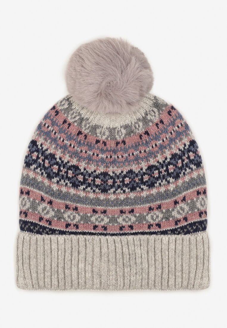 Căciulă Gri Tricotată Beanie cu Lână cu Model Crăciun și Pompon Nalinne