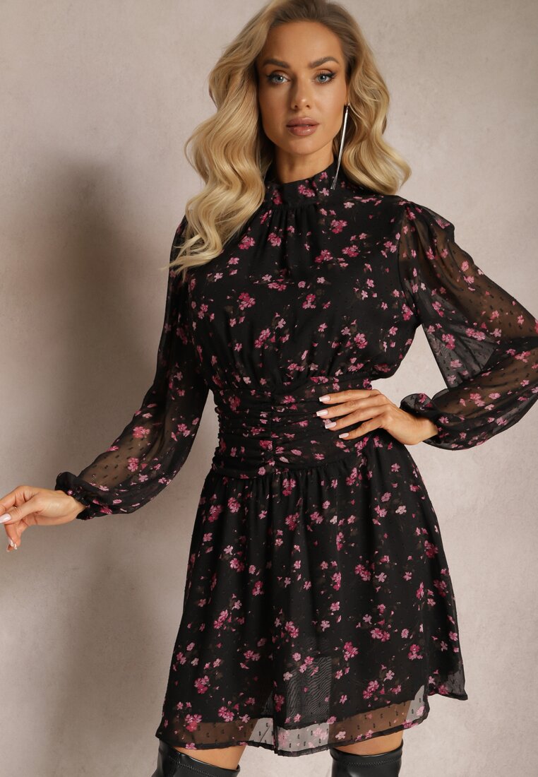 Czarna Taliowana Sukienka Mini w Kwiaty Brivona