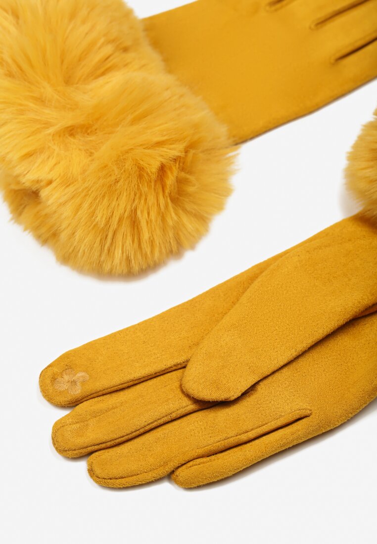 Żółte Eleganckie Rękawiczki z Ozdobnym Futerkiem Welinna