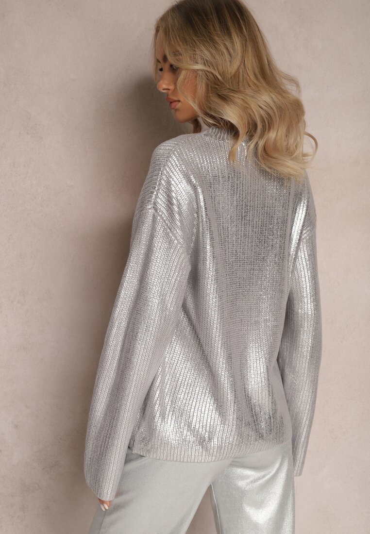 Srebrny Metaliczny Sweter z Długim Rękawem Vivalei