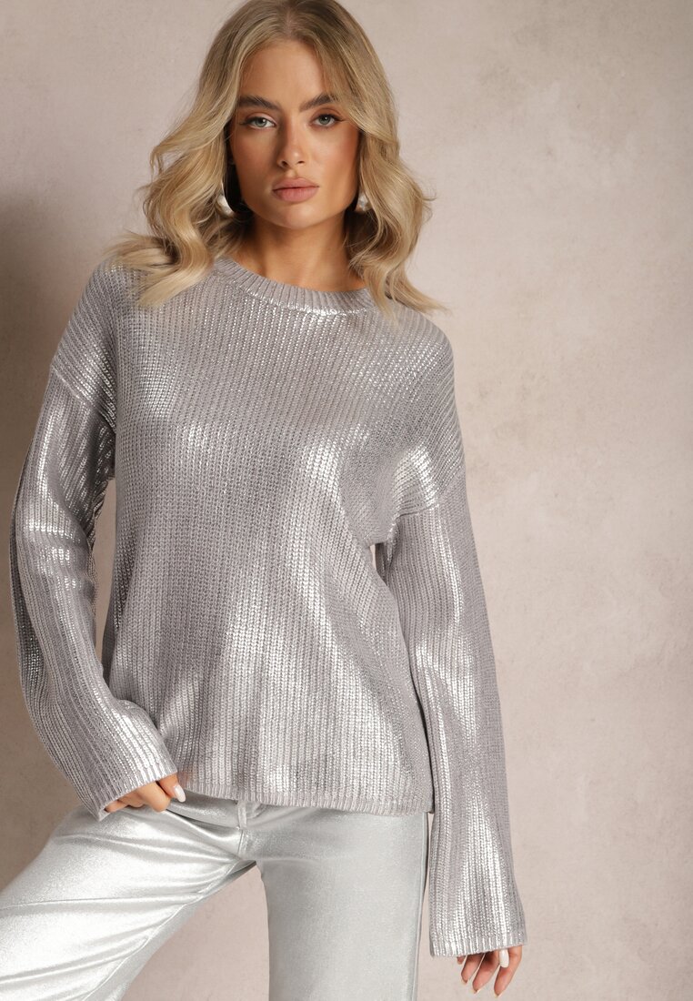 Srebrny Metaliczny Sweter z Długim Rękawem Vivalei