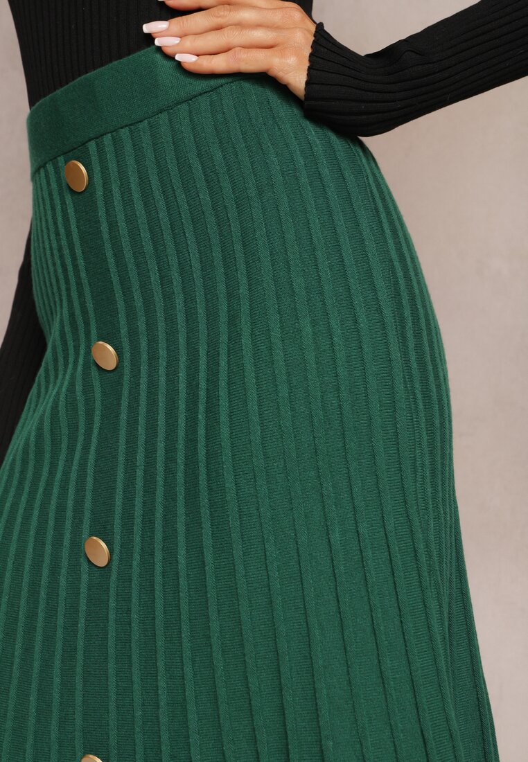 Zielona Rozkloszowana Spódnica Midi z Szerokimi Prążkami i Ozdobnymi Guzikami Sussurro
