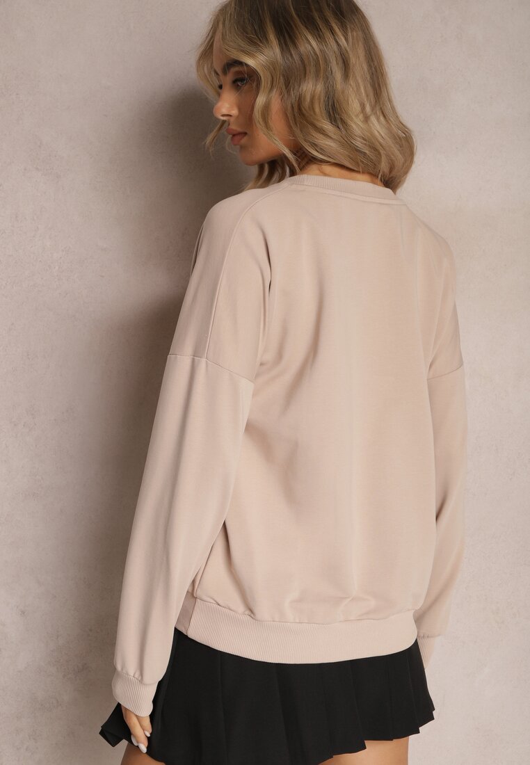 Beżowa Bluza Crewneck z Bawełny z Błyszczącą Broszką Clotina