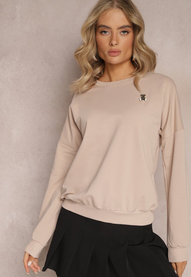 Beżowa Bluza Crewneck z Bawełny z Błyszczącą Broszką Clotina