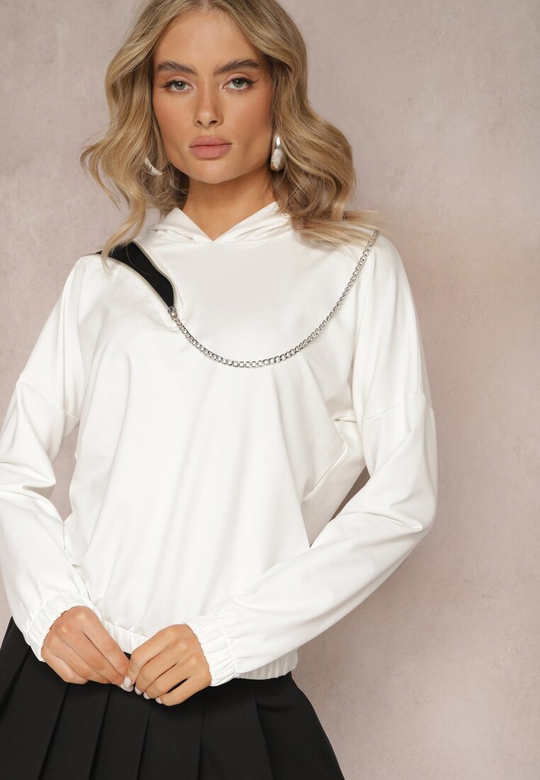 Biała Asymetryczna Bluza z Bawełny z Kapturem i Ozdobnym Suwakiem Lueur