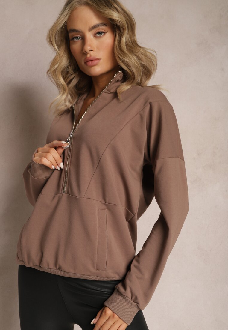 Brązowa Bawełniana Bluza z Półgolfem i Suwakiem Splendeur