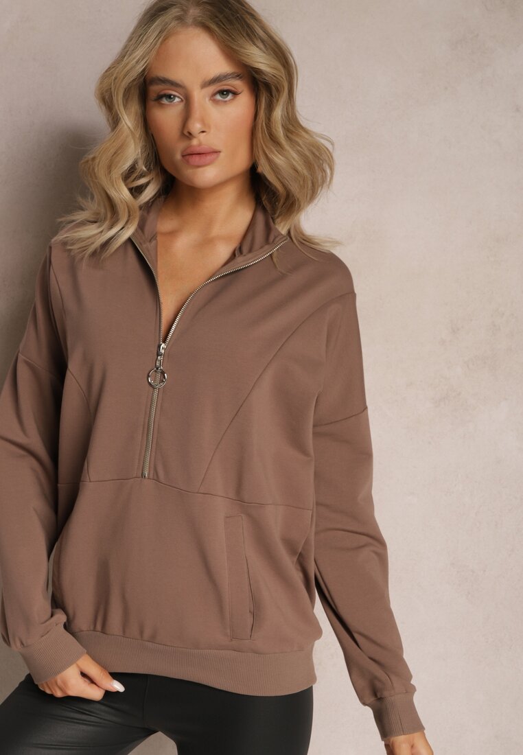 Brązowa Bawełniana Bluza z Półgolfem i Suwakiem Splendeur