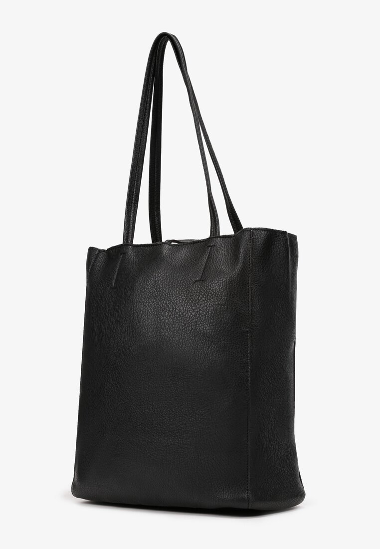 Czarna Torebka Shopper z Imitacji Skóry z Przeszyciami i Długimi Rączkami Silvira