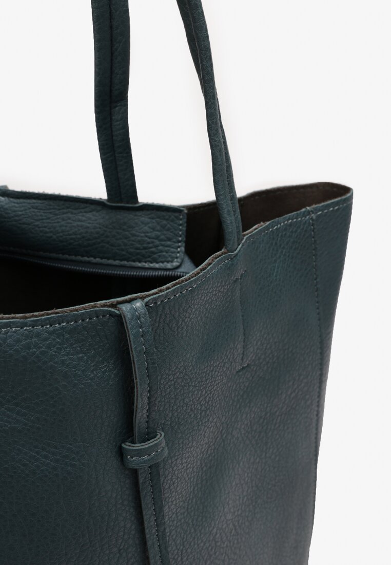 Ciemnozielona Torebka Shopper z Imitacji Skóry z Przeszyciami i Długimi Rączkami Silvira