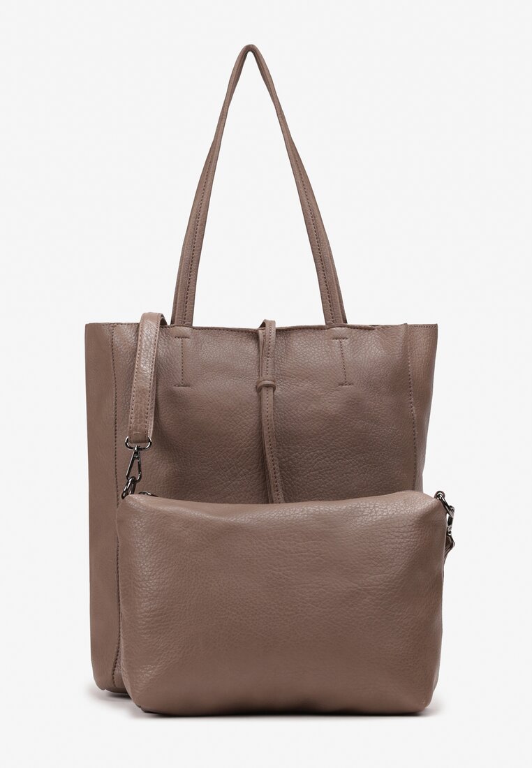 Ciemnobeżowa Torebka Shopper z Imitacji Skóry z Przeszyciami i Długimi Rączkami Silvira