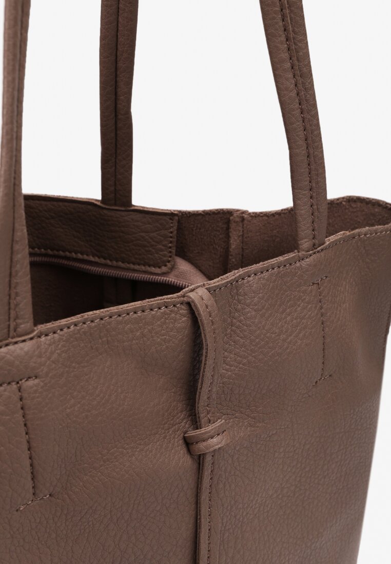 Ciemnobeżowa Torebka Shopper z Imitacji Skóry z Przeszyciami i Długimi Rączkami Silvira