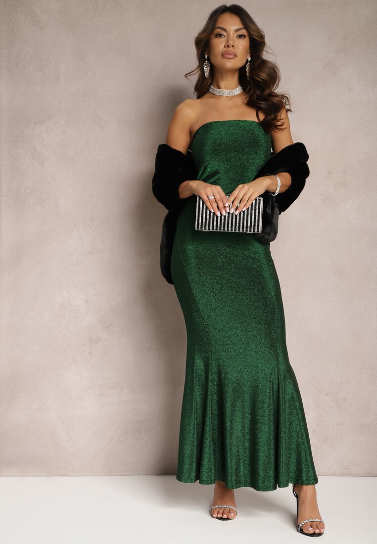 Zielona Połyskująca Sukienka Maxi Bez Ramiączek z Rozkloszowanym Dołem Botalia