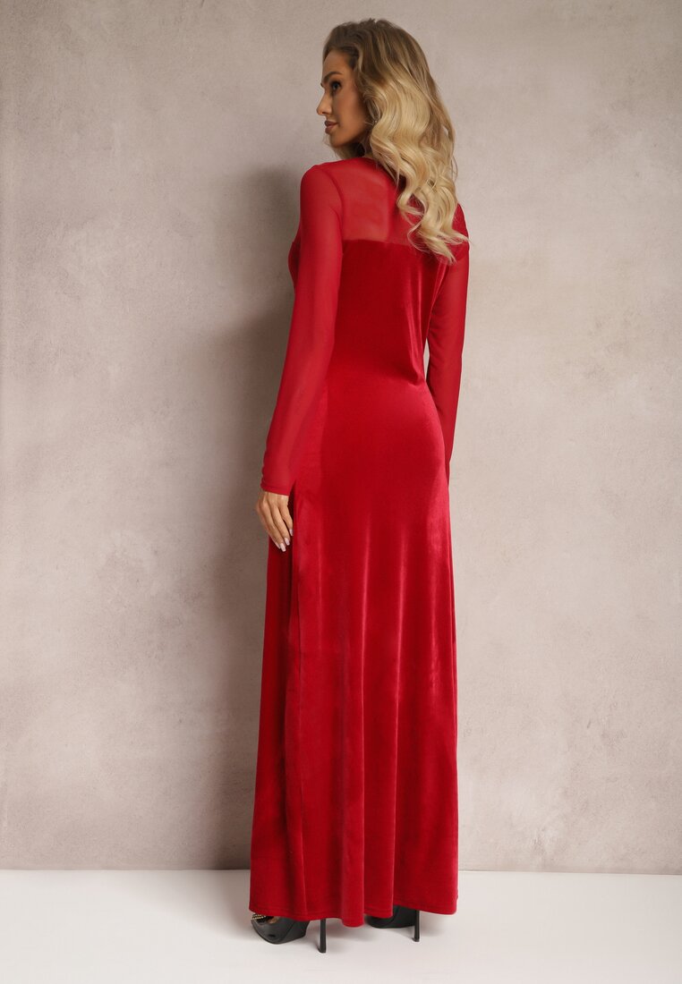 Czerwona Sukienka Maxi z Weluru z Siateczkowym Dekoltem i Rękawami Belved