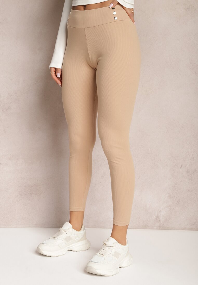 Beżowe Prążkowane Legginsy High Waist Naprika