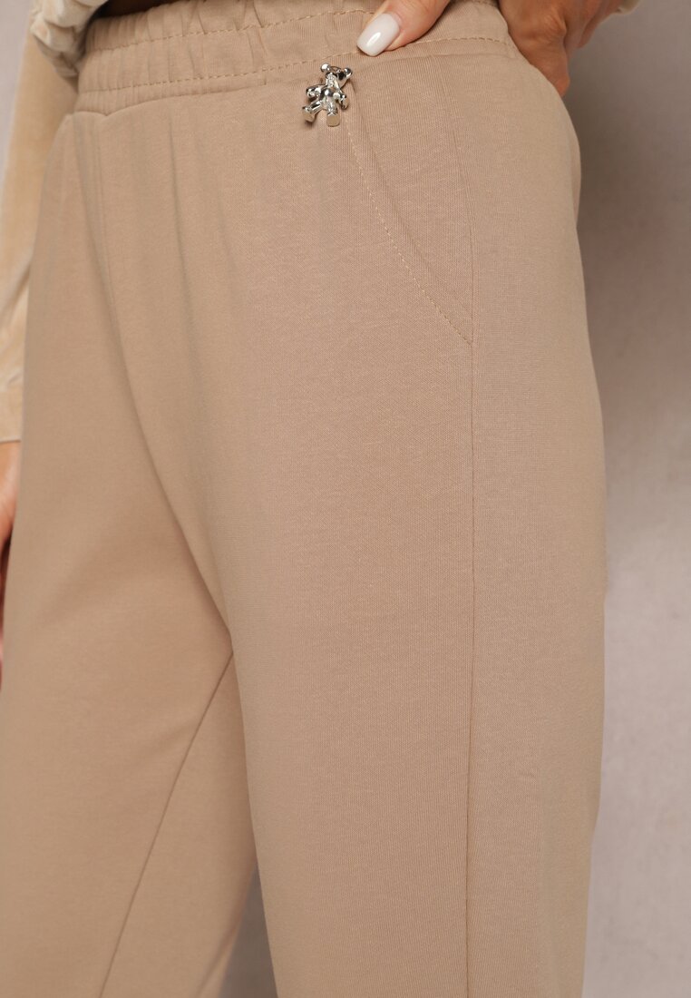 Jasnobrązowe Bawełniane Spodnie Dresowe z Gumką w Pasie Artizin