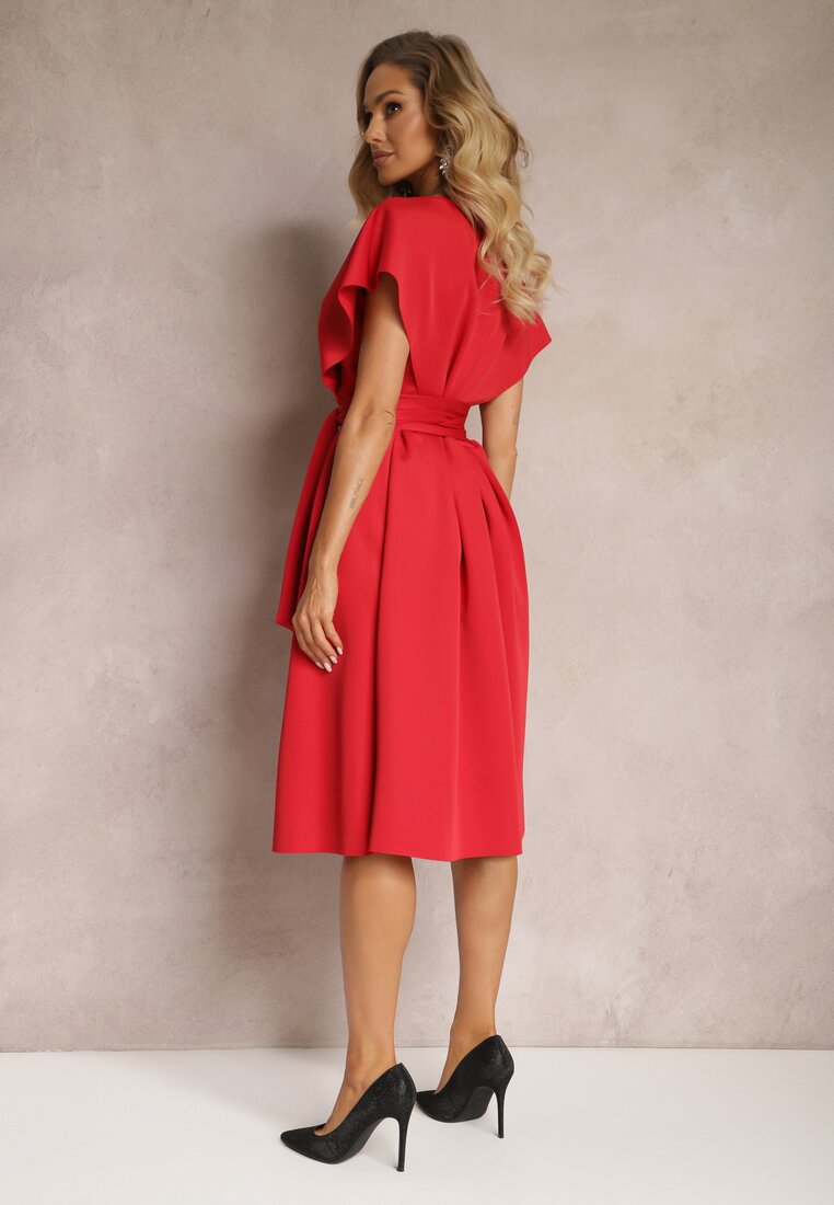 Czerwona Sukienka Midi z Kopertowym Dekoltem o Rozkloszowanym Fasonie Tenero