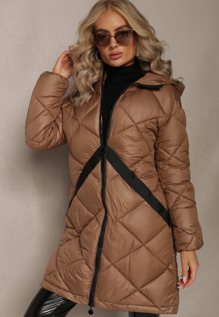 Jachetă bej închis cu model geometric până la genunchi Nercella