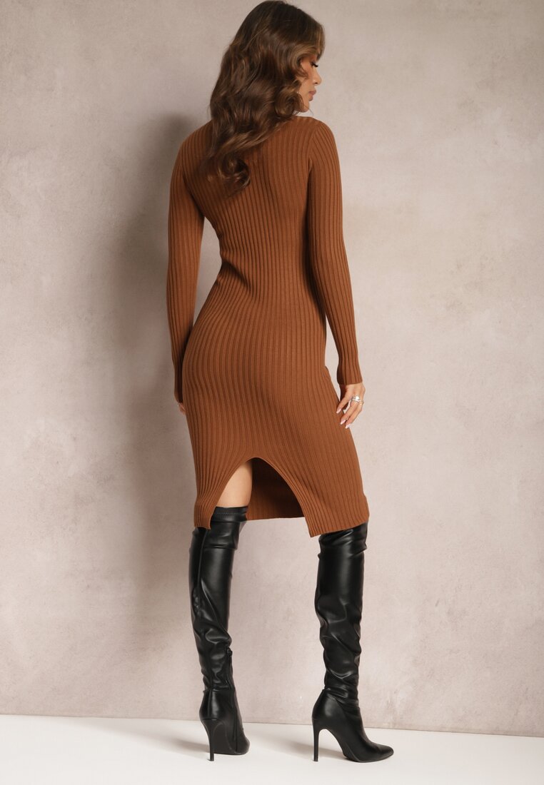Rochie midi maro cambrata din lana cu guler la baza gatului Loriste