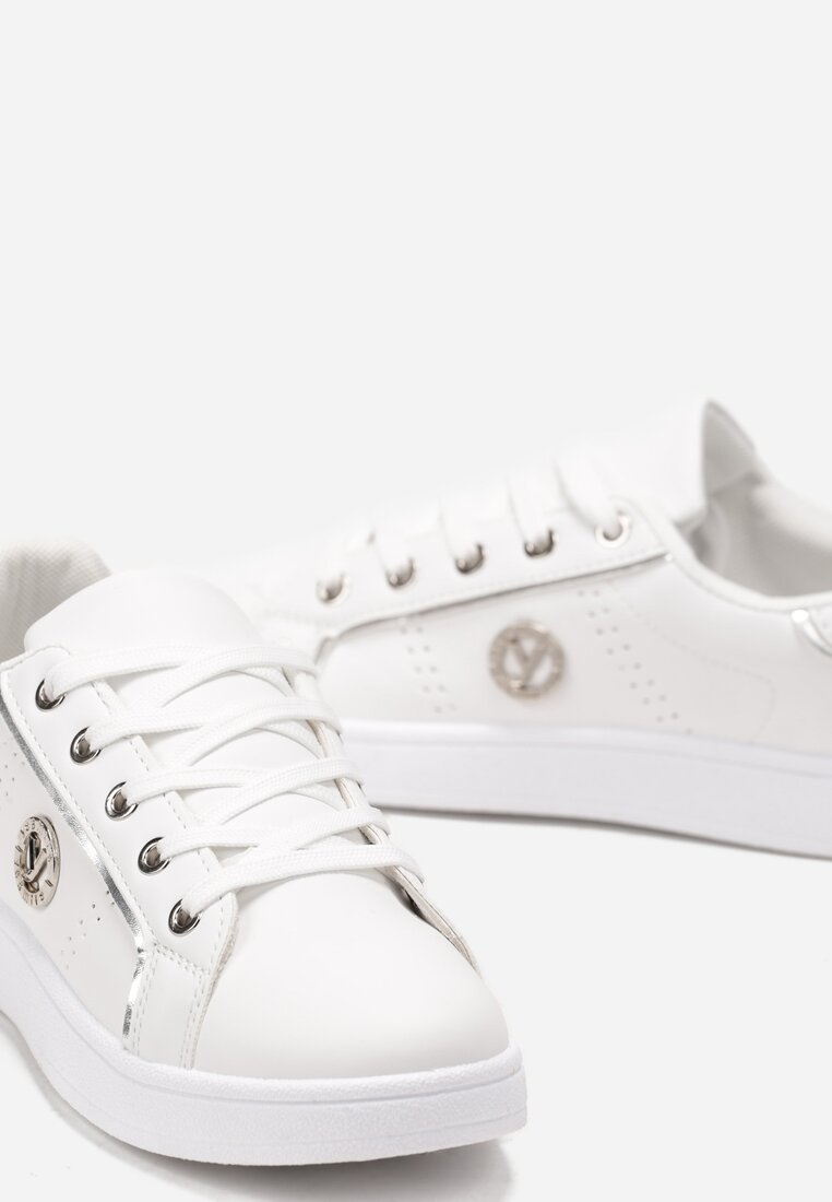 Sneakers Albi-Argintii din Imitatie de Piele cu Aplicatie si Cusaturi Decorative Variantia