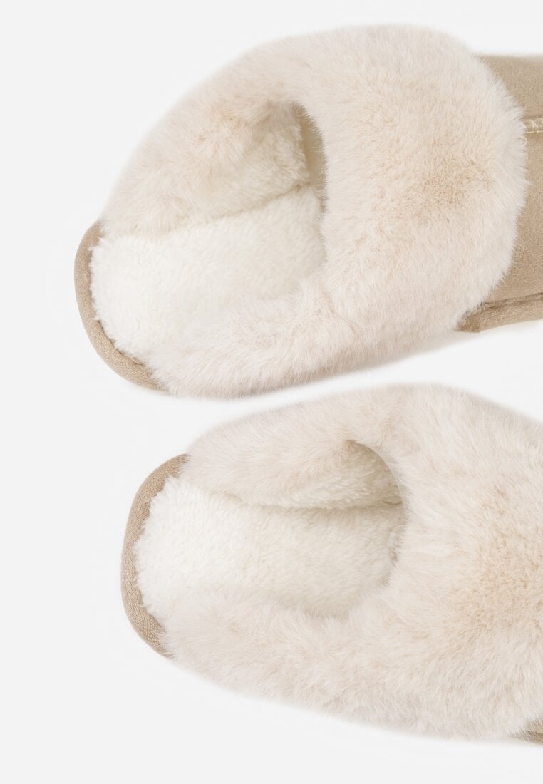 Bej Închis Căptușite Papuci Decorate cu Blană și Cusături Almane
