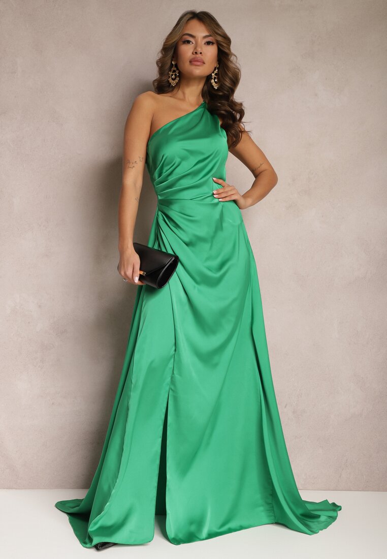 Zielona Elegancka Sukienka na Jedno Ramię o Asymetrycznym Fasonie Leylane
