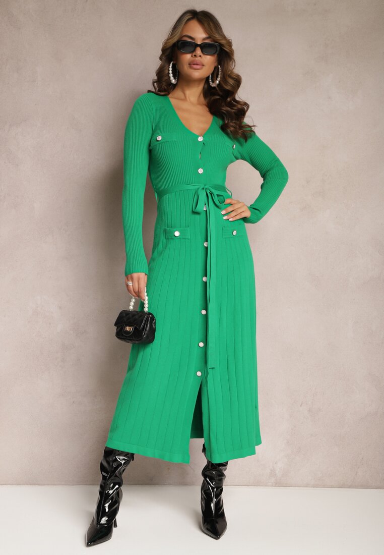 Zielona Sweterkowa Sukienka Maxi na Guziki z Wiązanym Paskiem Onykis