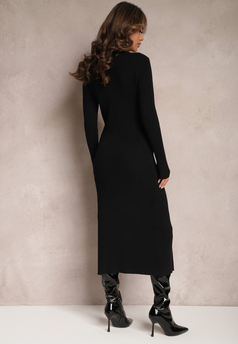 Czarna Dzianinowa Sukienka Midi na Guziki Lilaccia