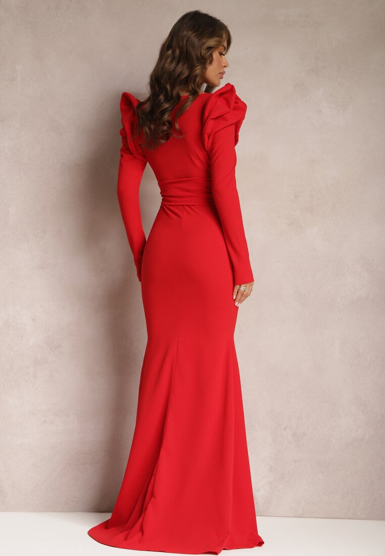 Czerwona Sukienka Maxi z Falbankami i Wiązanym Paskiem Botarla