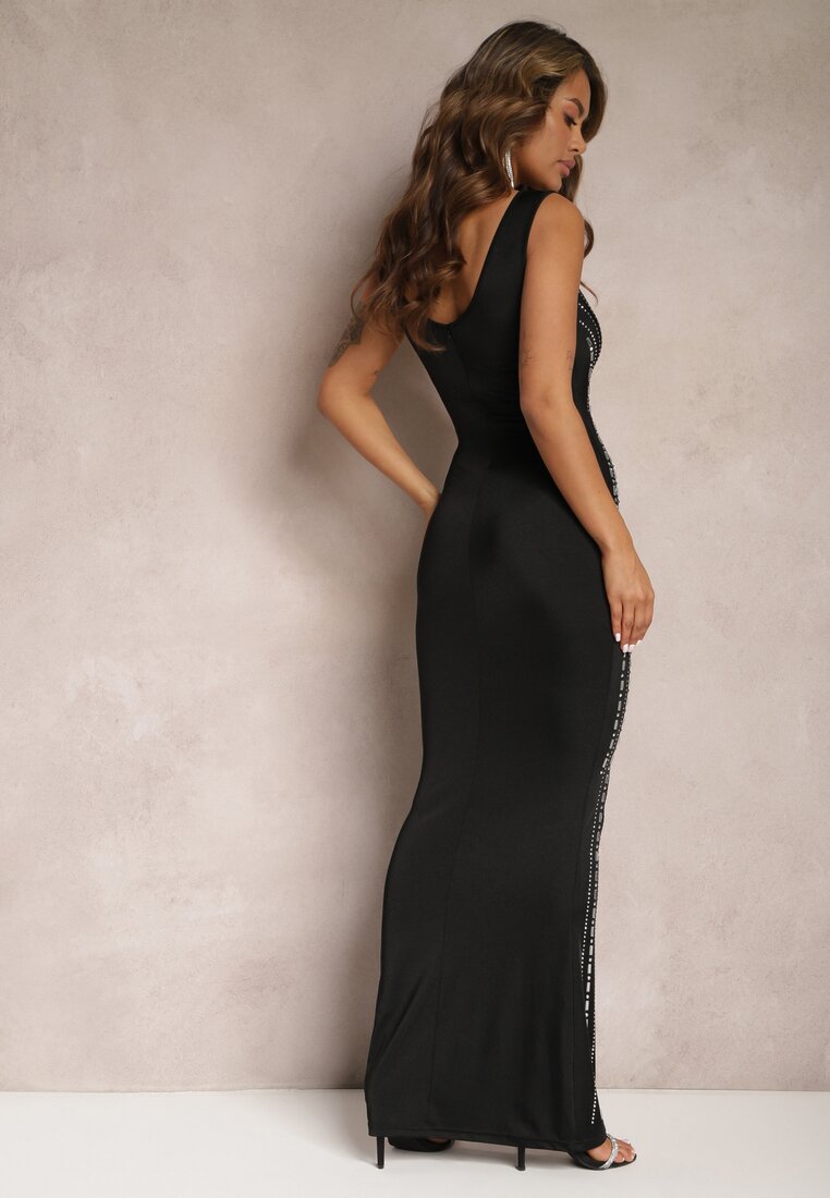 Czarno-Srebrna Taliowana Sukienka Maxi na Ramiączkach w Cekiny Lavarra